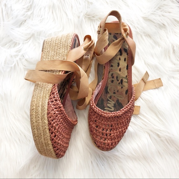 Sam Edelman Tie Up Straw Wedges Genuine Leather - Picture 2 of 9